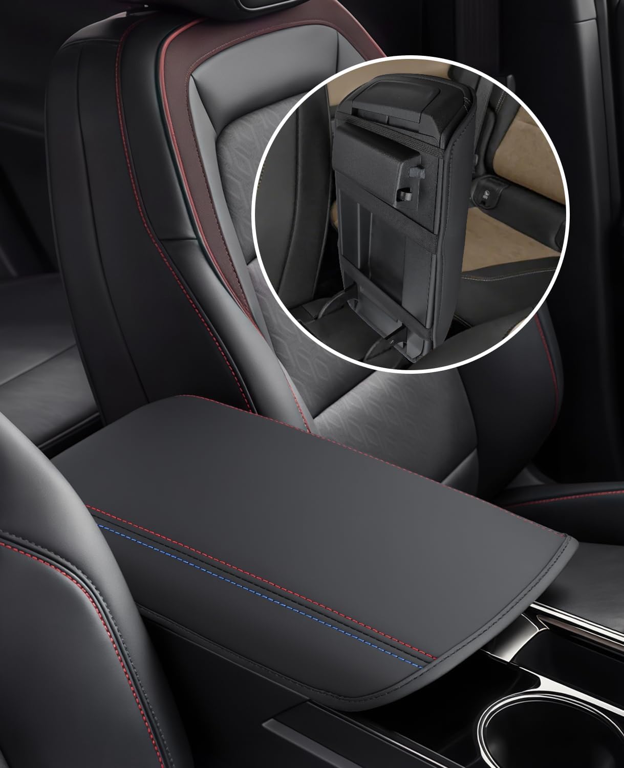 INTGET Center Console Cover for 2025 2026 Chevy Equinox Accessories Leather Middle Armrest Lid Protector Arm Rest Box Cover for 2026 Equinox Accessories LT/Activ/RS(Red&Blue Stitches, with Thin Pad)