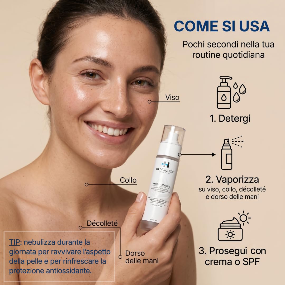Hevolutamina C Siero Viso Spray, Vitamina C e Peptidi di Rame GHK-Cu, 50ml | Siero Liquido Illuminante e Antiossidante, con Ergotioneina, Niacinamide, Pantenolo, Made in Italy