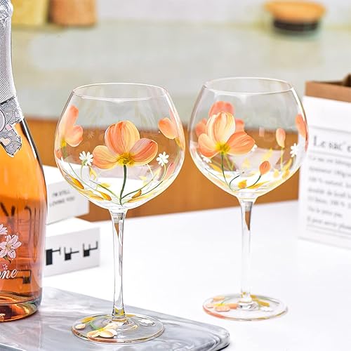 Miniatura 6 de WAIT FLY Copas de vino artesanales pintadas a mano con flores, copa grande para fiesta, boda, hogar, girasol, 21 onzas