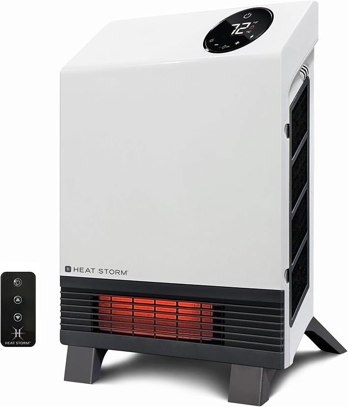 Heat Storm Wave Floor to Wall Infrared Space Heater with Attachable Feet, Remote Control, Built in Thermostat, 500-1000 Watts, 13x4x17 in, With Feet