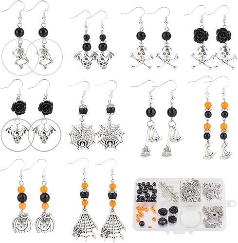 SUNNYCLUE 1 caja de 10 pares de aretes de Halloween, kit de iniciación de esqueleto, hueso, araña, calabaza, cuentas de vidrio para kits de
