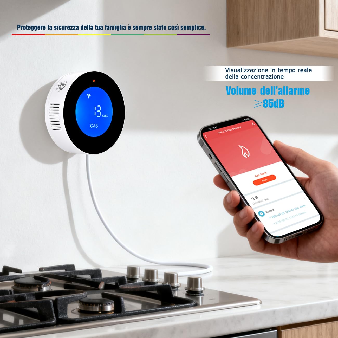 Rilevatore di Gas naturale WiFi, allarme portatile per perdite di gas compatibile con Smart APP, Tuya, monitor di gas metano con allarme vocale da 85 dB e allarme visivo di concentrazione di gas