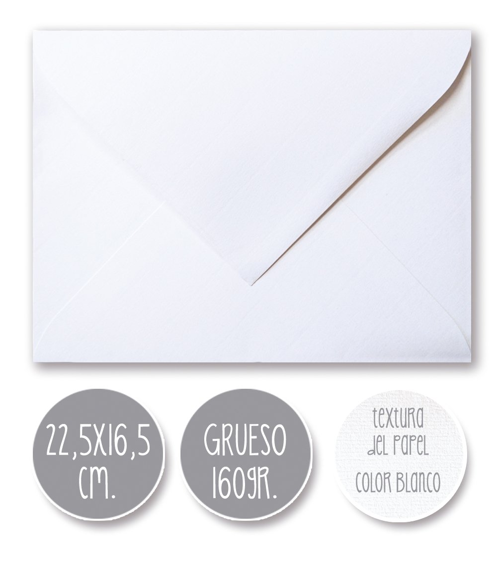 Sobre Boda Clásico, 25 Unidades, 150gr Grueso, 22,5x16,5cm, Verjurado Blanco (Blanco Natural), Sin Engomar, Sin Marca de Agua