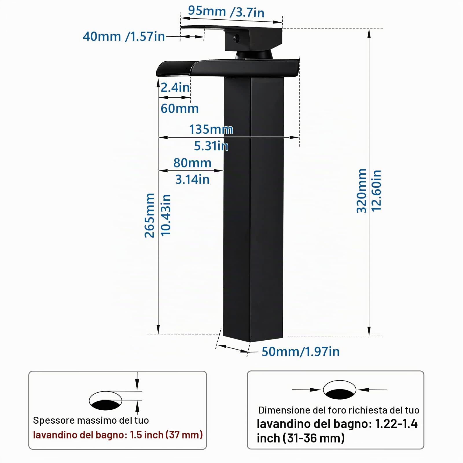 Rubinetto Bagno Lavabo Cascata Nero Alto, Miscelatore Lavabo Bagno Rubinetto per Lavabo con Altezza del Bocca di 265MM, Moderno Miscelatore Monocomando per Bagno Ottone, Acqua Calda e Fredda, G3/8