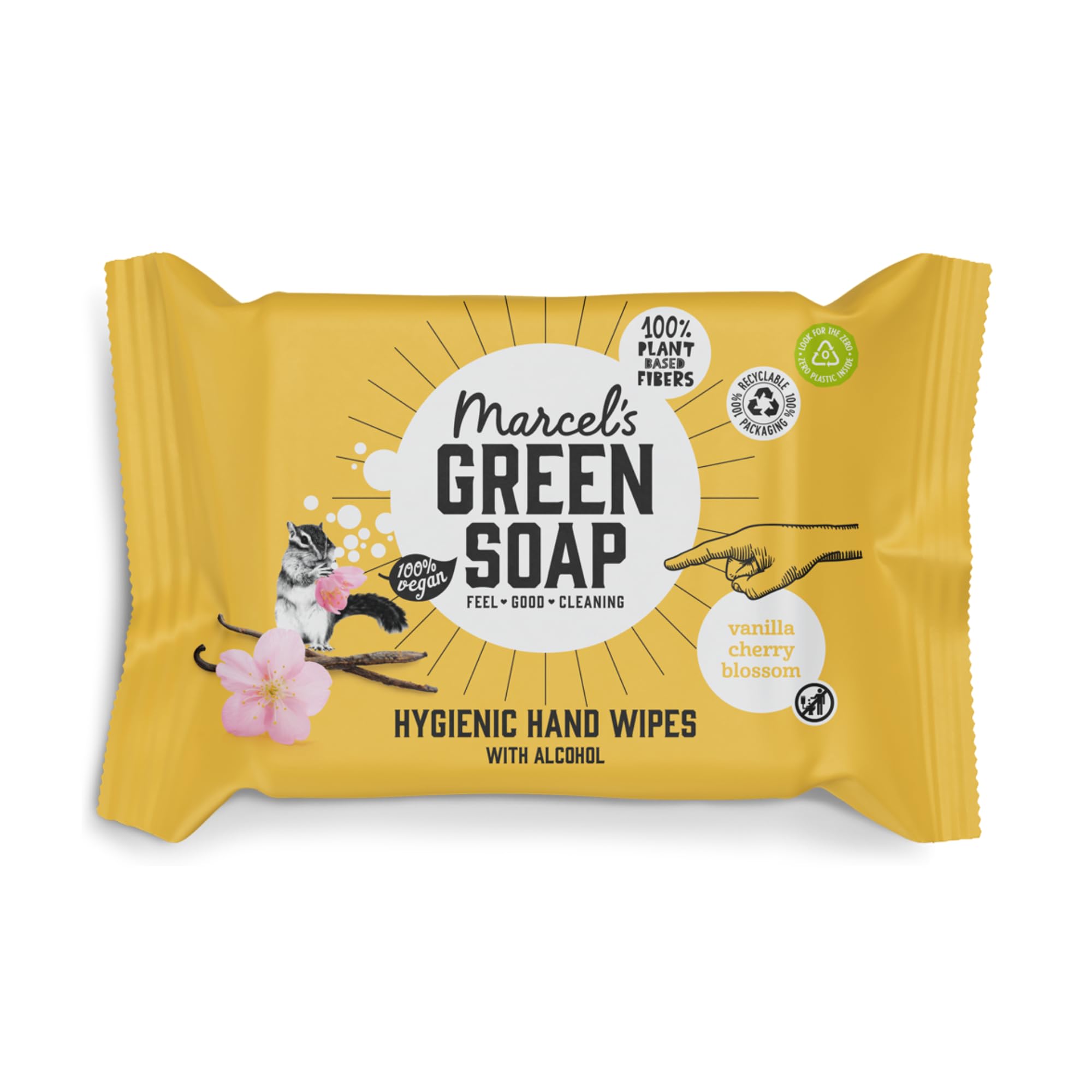 Marcel's Green Soap Hygienische Handtücher Vanille & Kirschblüte - Feuchttücher - Mikroplastikfreie Formel - Vegan - 15 Tücher (12er Pack)