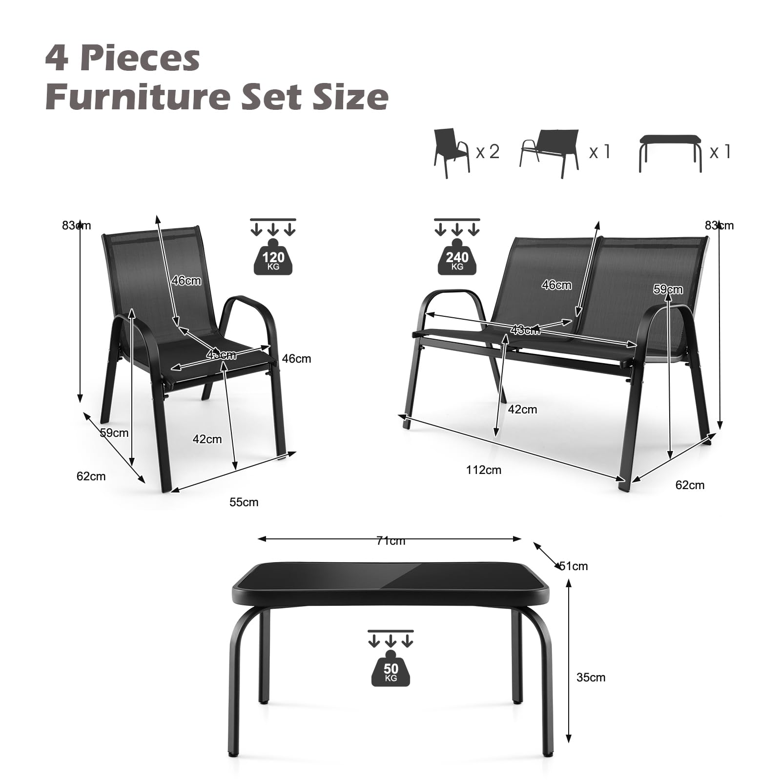KOMFOTTEU Juego de Muebles de Jardín de 4 Piezas, Conjunto con Banco de 2 Plazas, Mesa de Centro y 2 Sillones, Set de Muebles de Textileno y Cristal Templado, para Balcón, Terreza, Patio (Negro)