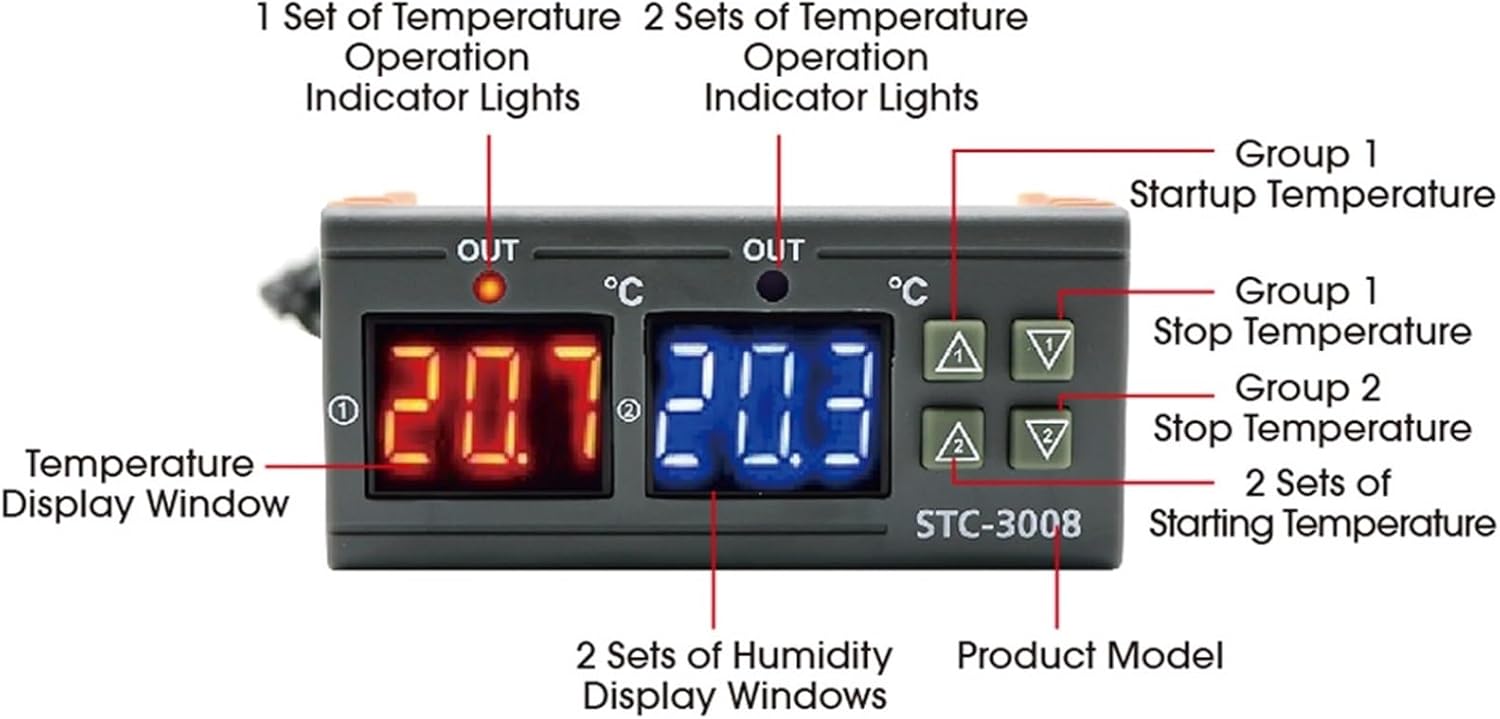 STC-3008 Dual Digital Temperature Controller Two Relay Output DC12V 24V AC220V Thermoregulator Thermostat with Heater Cooler(STC-3008 DC12V)