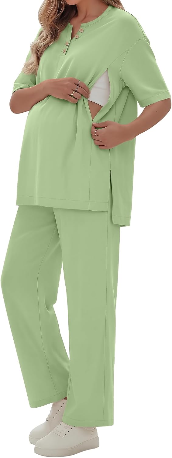 2 Piece Maternity Nursing Set Postpartum Breastfeeding Short Sleeve Zipper Shirts Wide Leg Pants Pregnancy Clothes