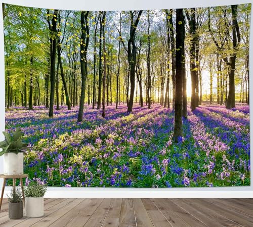 HVEST Forest Sunshine Tapestry Wall Hanging Spring Purple Lavender Morning Sunlight Through Green...