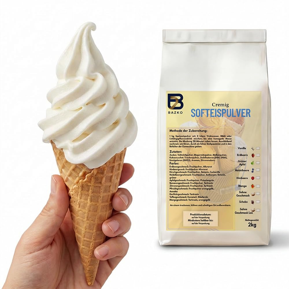 Bazko Sahne Geschmack Eispulver für Eismaschine 2 kg für 6 kg Eis Cremig Ergiebig