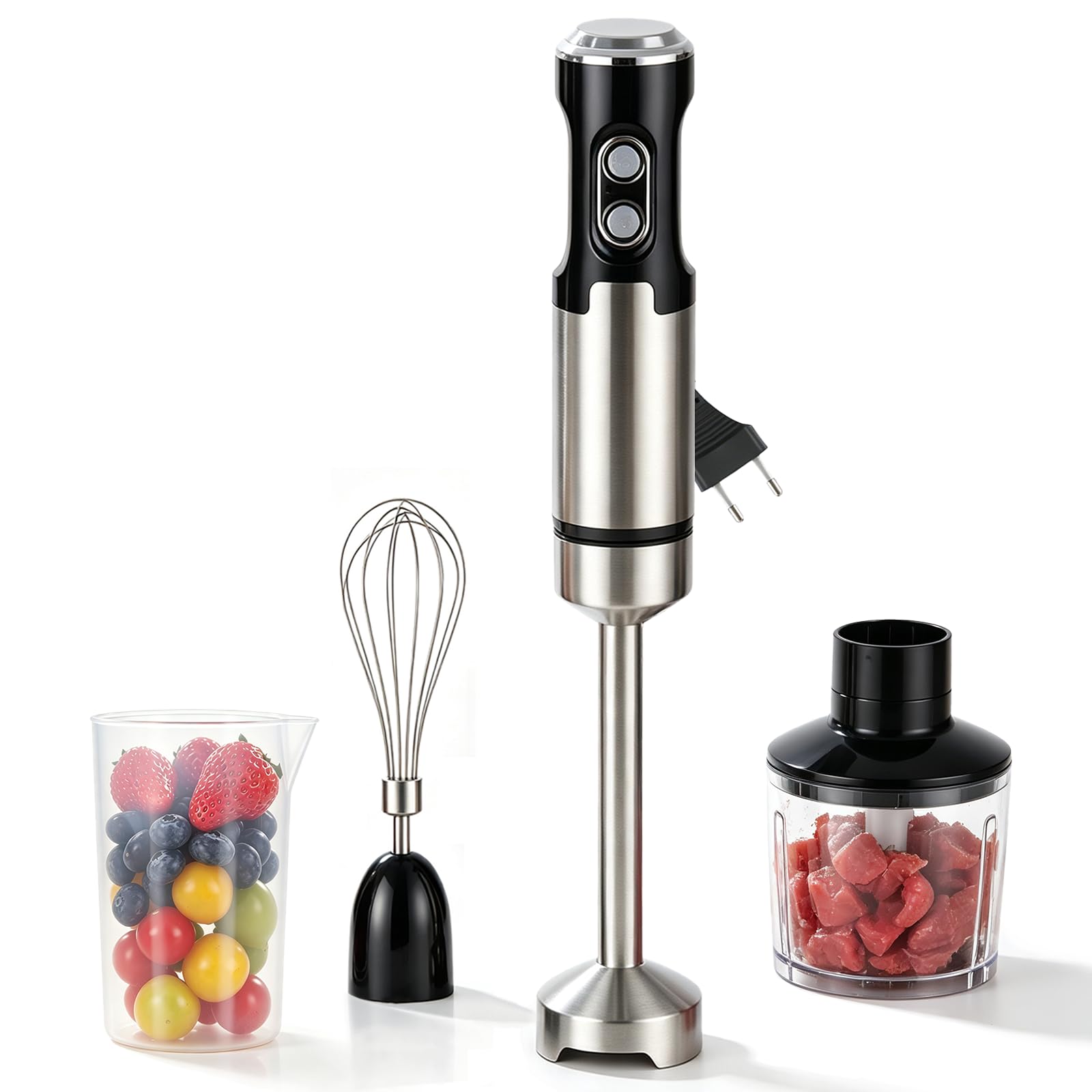 Frullatore a immersione 4 in 1, max 1000 W, motore resistente, 7 modalità di velocità, lama in acciaio inox con tritatutto da 500 ml, bicchiere da 600 ml per alimenti per bambini e frullati