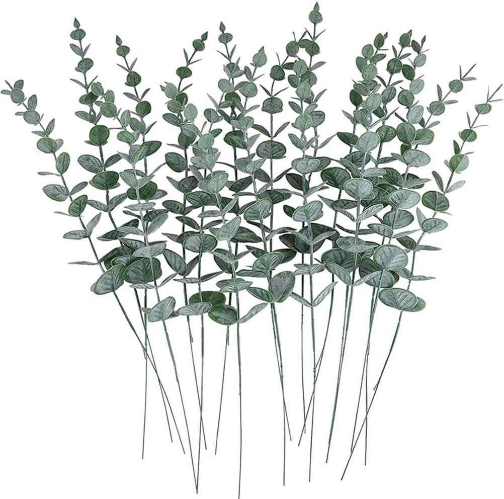 Cabilock 24pcs Real Touch Artificial Eucalyptus Leaves Faux Greenery Stems for Home Decor Flower Arrangements and Wedding Centerpieces Frosted