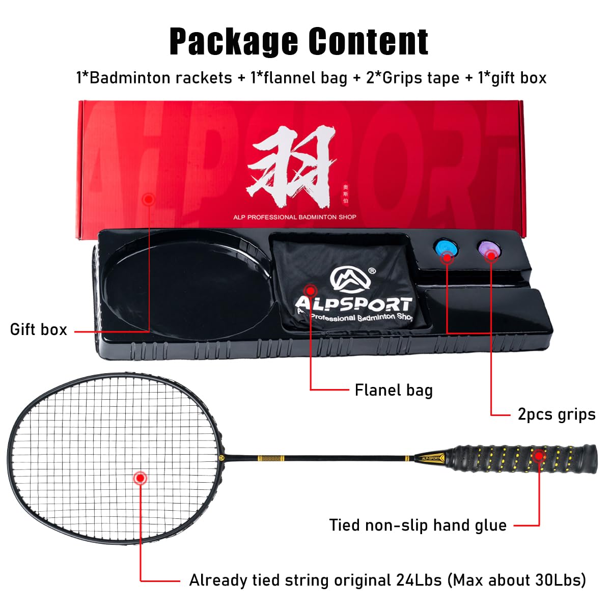 ALPSPORT ZJ Titanium Net 4U G5 Full Carbon Fiber Professional Badminton Racket, Graphite Racquets with Gift Box, 1 Flannel Bag, 2 Grips Tapes, Padel Raket for Team Sports Training (Black)