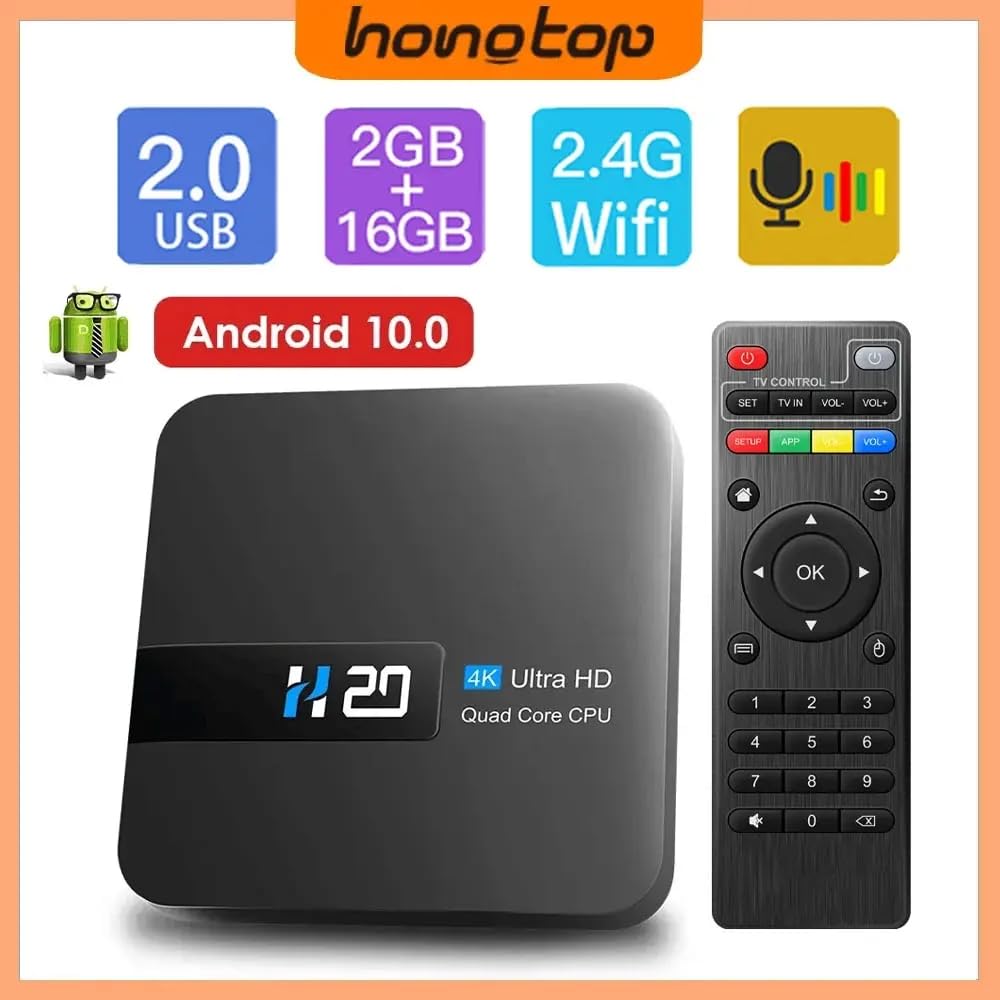 H20 2GB/16GB Décodeur Lecteur Multimédia de Diffusion en continu Android 10 Boîte TV 4K 3D HD 1080p avec Amlogic Quad-Core CPU RK3228A, WiFi,4K HD, H.265.