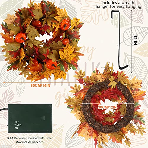 Juegoal Lighted Fall Wreath With Metal Hanger, 14 Inch Pre-Lit Artificial Autumn Maple Leaf Wreaths, Battery Operated Harvest Thanksgiving Decorations For Front Door Home Holiday Wall Fireplace #TOP1