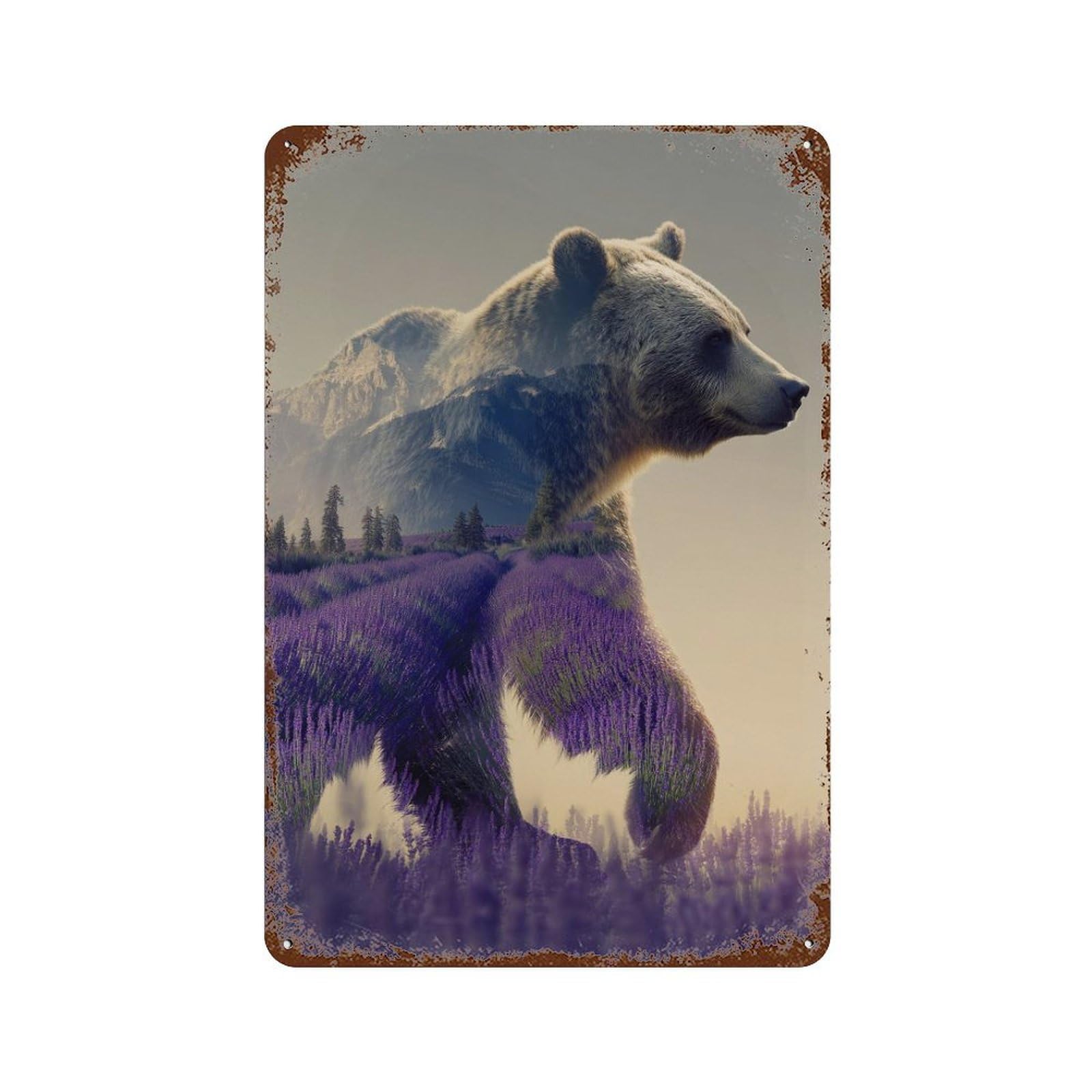 Lavender Field with Bear 11.8"x7.9" Aged Metal Wall Plaque, Vintage Wall Decor for Bistro, Counter And Cafe Decor