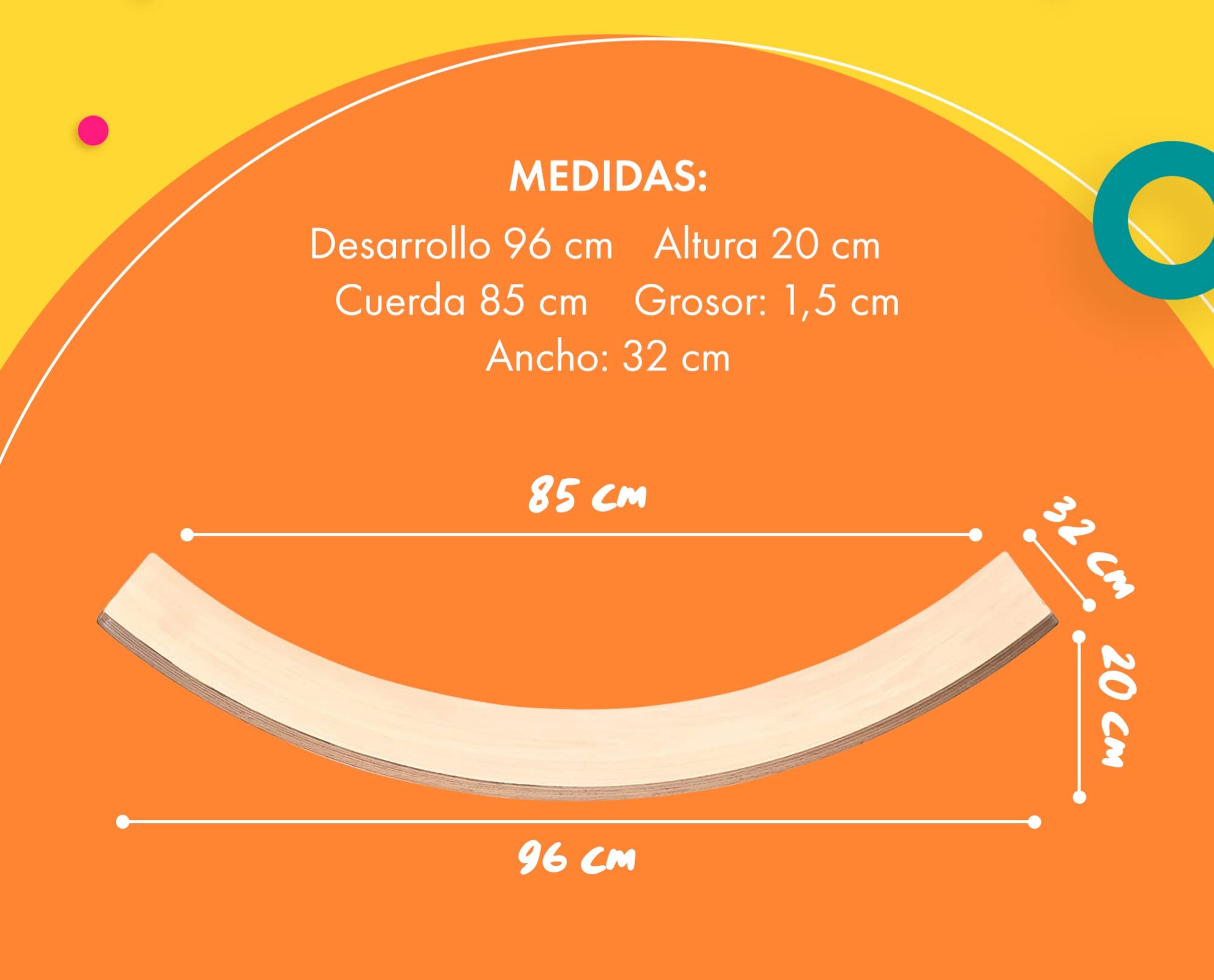 TWR ® - Tabla Curva con Certificado CE - Talla L - Ecológica y Artesanal de Madera Fabricada en España. Acabado Natural.Tabla Equilibrio. Tabla Montessori .Tabla de Equilibrio/Tabla Madera niños