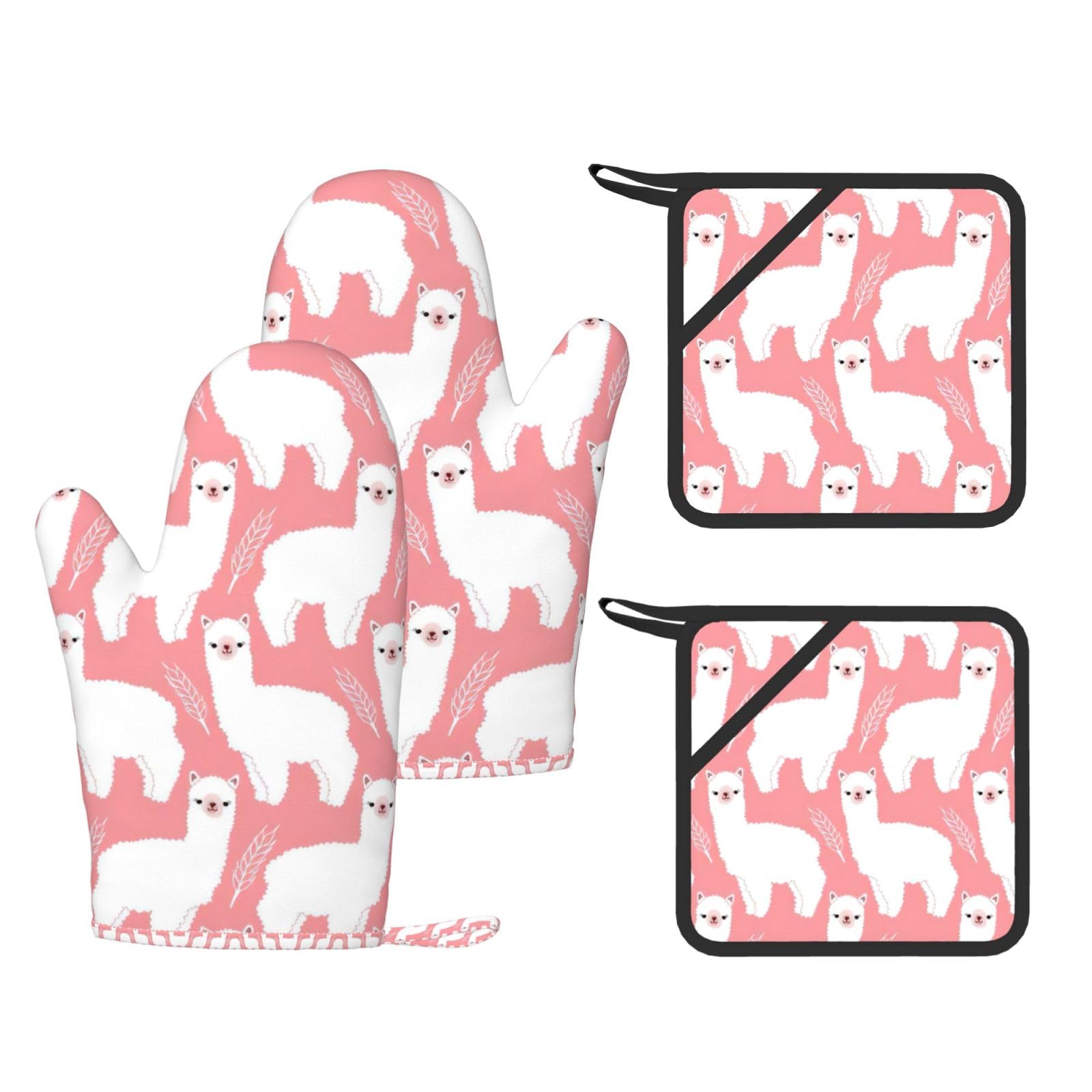 Alpaca Llama Printed Oven Gloves and Hot Pads Set of 4, High Heat Resistant Silicone Mitts for Cooking BBQ