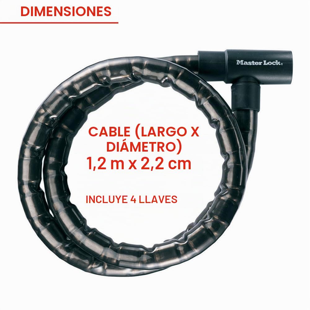 MASTER LOCK 8115EURDPS Candado, Llave, Exterior, para Bicicleta, Moto, Scooter, Unisex, Negro, 1,2 m Cable