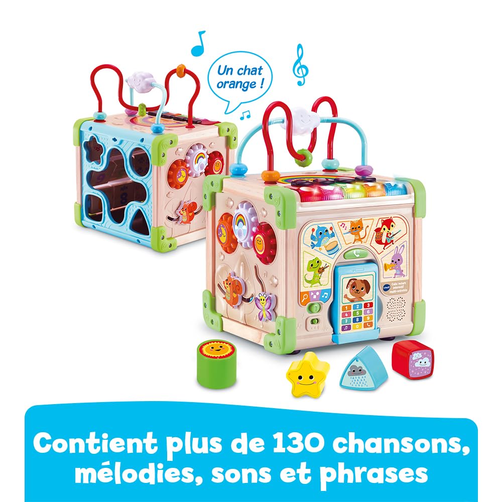 VTech - Cube Nature Interactif Multi Activité, Cube d’Activités Bébé, Jouet d'Éveil Sensoriel Partiellement en Bois, Trieur de Formes, Piano Lumineux, Cadeau Bébé Dès 9 Mois - Contenu en Français