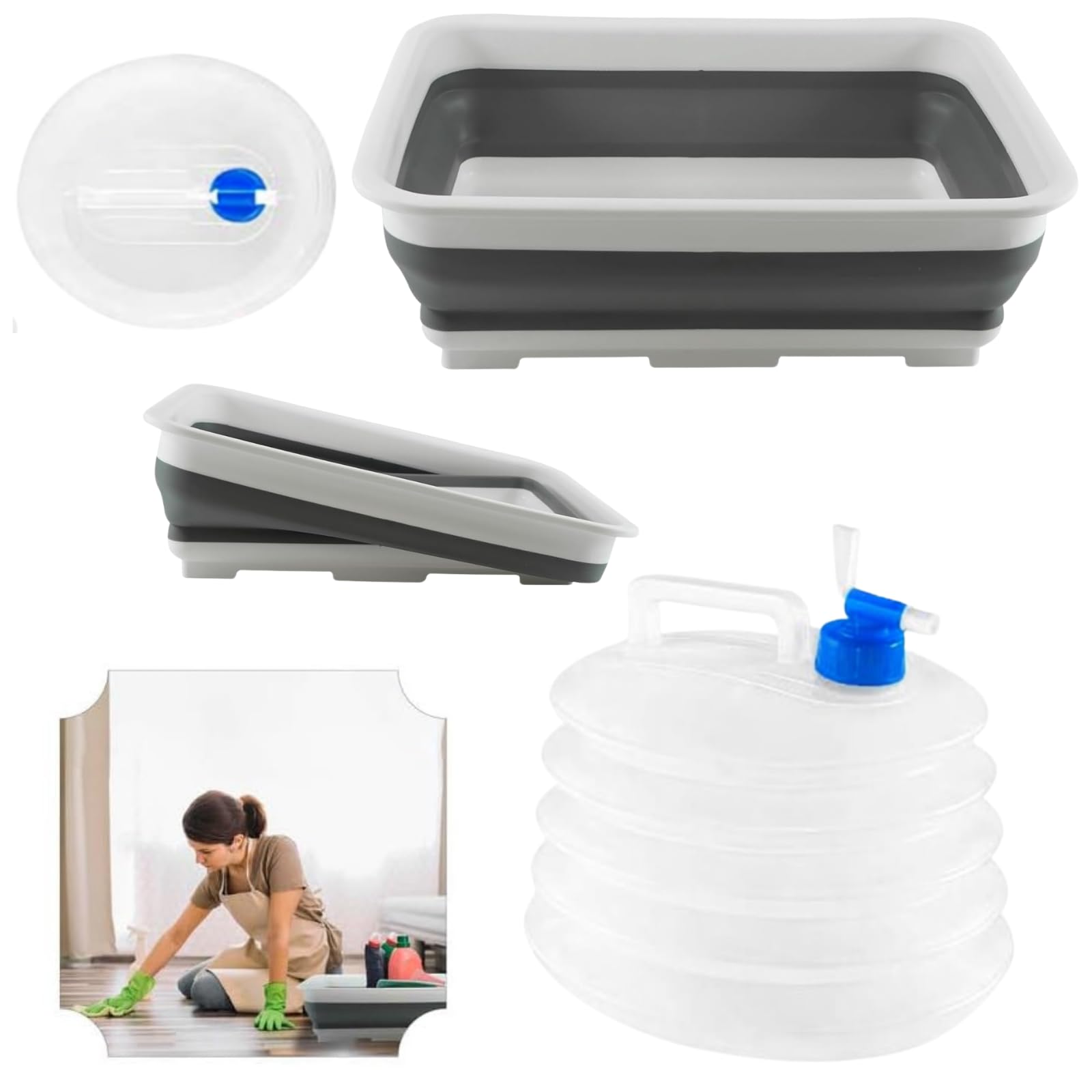 Srvertex White & Clear Wash & Carry Set Foldable Water Container And Washing Up Bowl Set Portable 5L Water Carrier With Tap And Whit Grey 10L Collapsible Basin For Camping Outdoor Kitchen Caravan Use