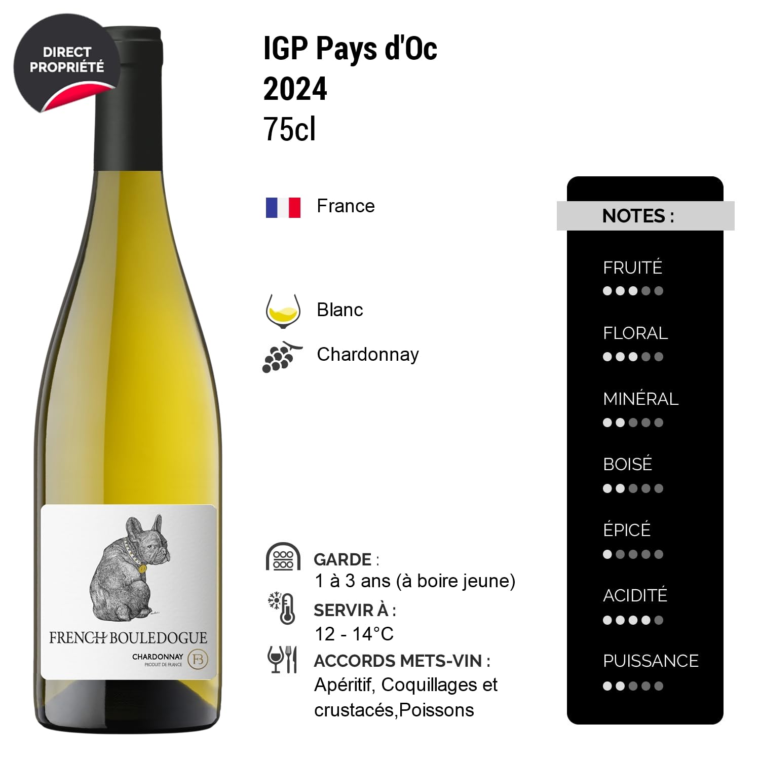 French Bouledogue Pays d'Oc Chardonnay - Blanc 2024 - Vin Blanc du Languedoc - Roussillon (6x75cl)