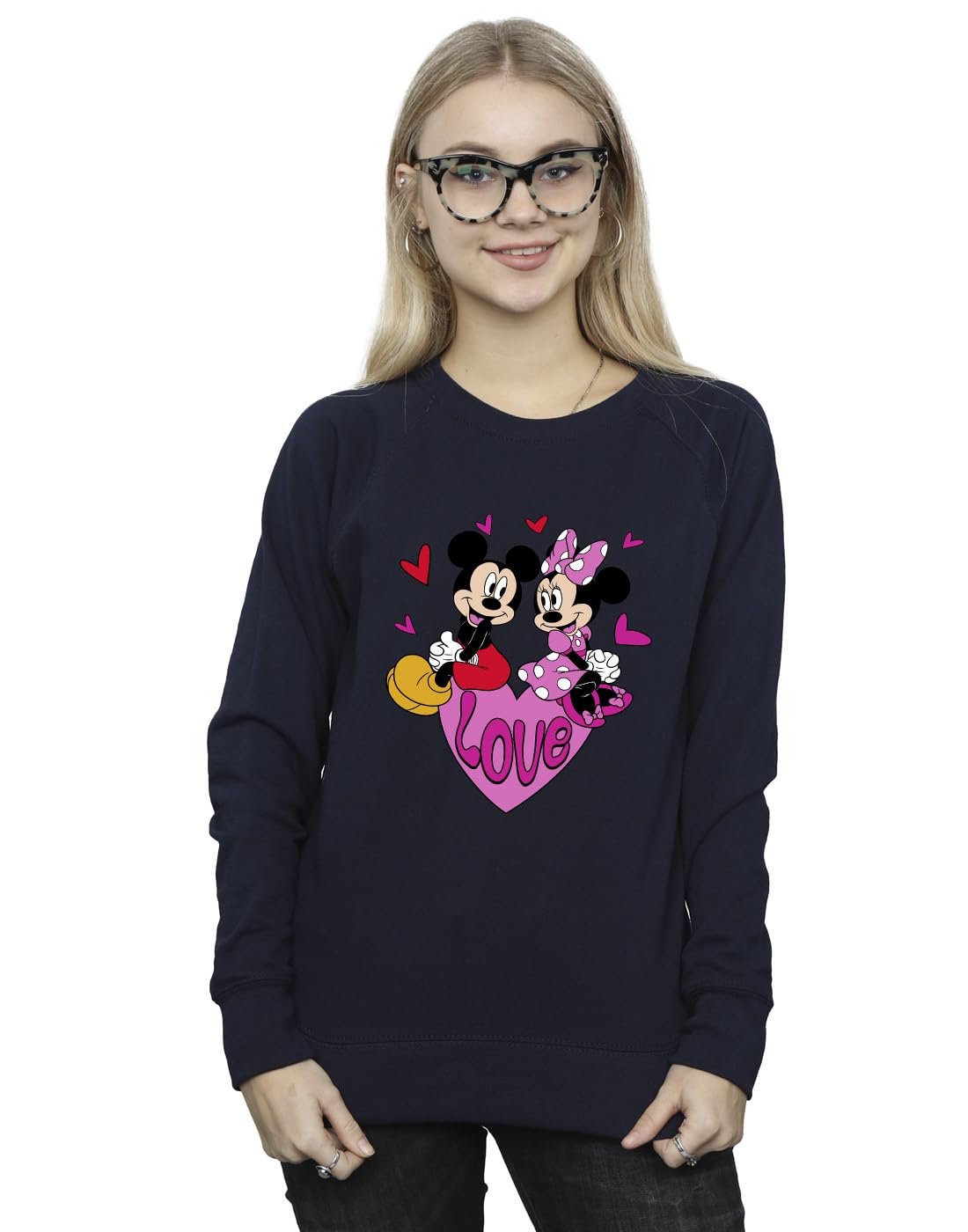 Disney Women's Love Hearts Mickey & Minnie Mouse Sweatshirt in Navy | Size: 3XL