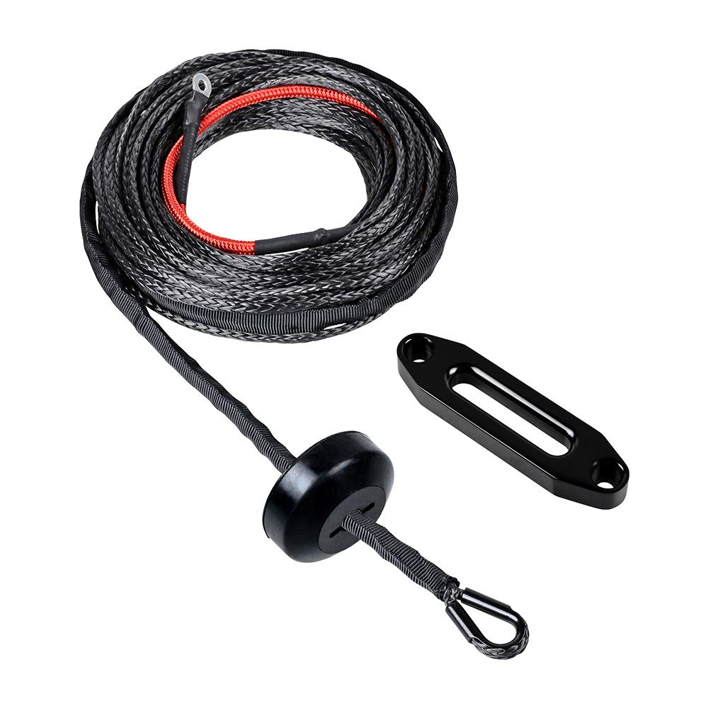 LeeMas 3/16 Inch x 50 Feet Synthetic Winch Rope 6000LBs Line Cable with Hook and Stopper Rubber for ATV UTV + 4 4/5 inch Hawse Fairlead, Winch Accessories