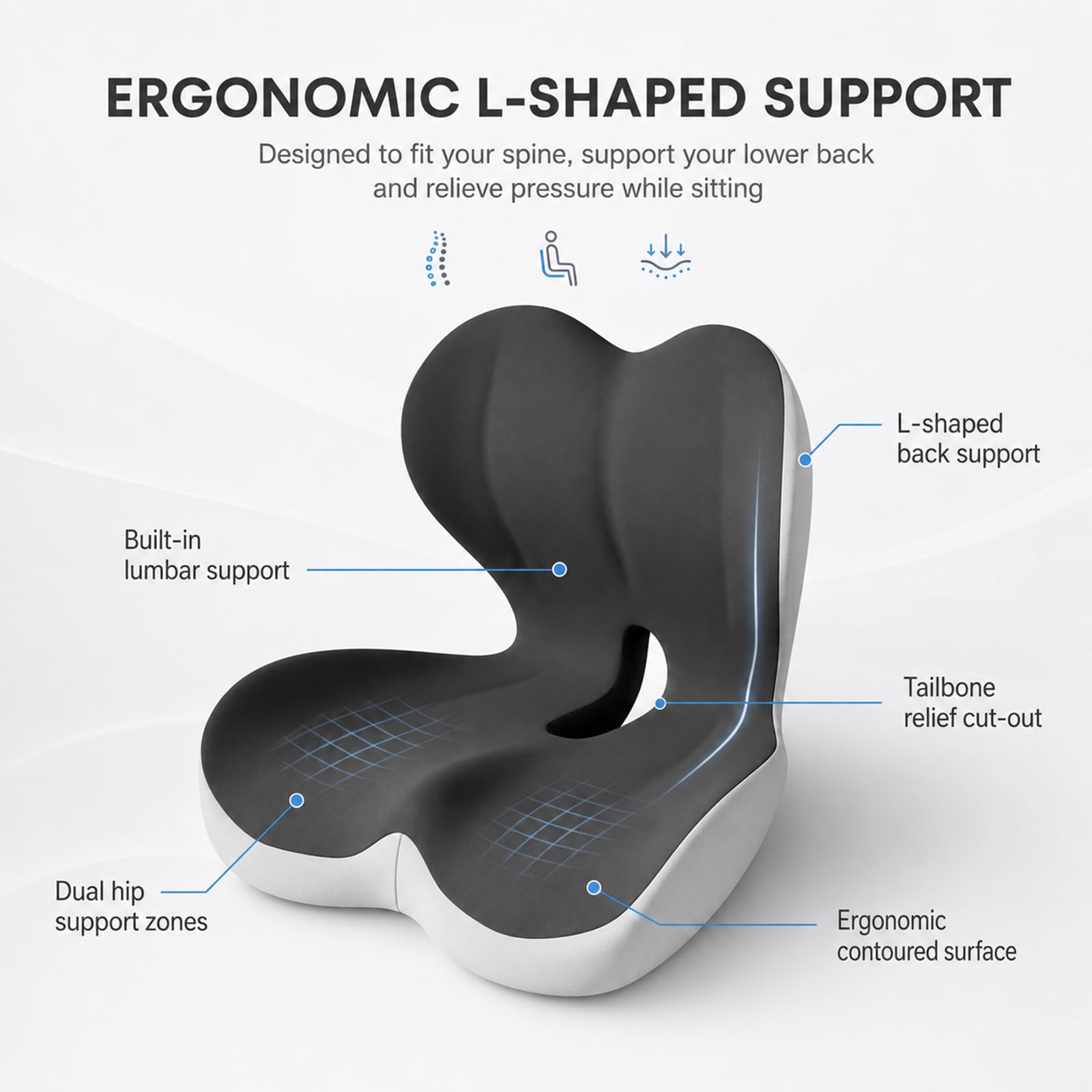 Cuscino Ortopedico con Schienale, ergonomico a Forma di L | con supporto lombare, in memory foam, per sedia da ufficio, per auto, sedia a rotelle, antiscivolo, sollievo dal dolore
