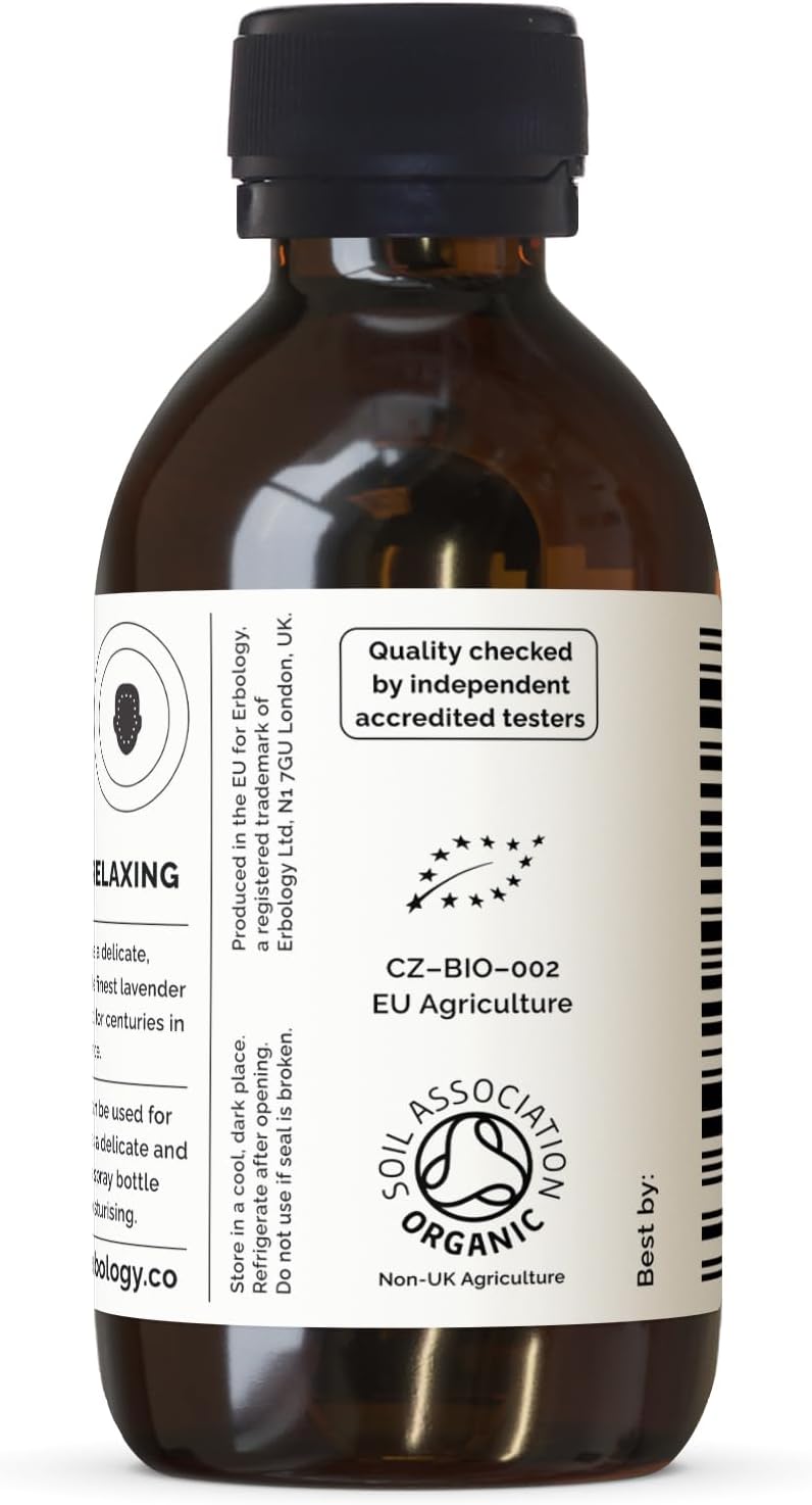 Erbology Organic Lavender Water 3.4 fl oz - Premium Food Grade Hydrolate of Lavender - Soothing and Relaxing - Non-GMO - Recyclable Glass Bottle