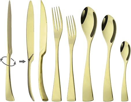 Stainless Steel Silverware Set, 28-Piece Fancy Flatware Cutlery Set for 4, Modern Tableware,inclue 3 Size Spoons Heavy Eating Utensils Set, Mirror Polished - Champagne Gold