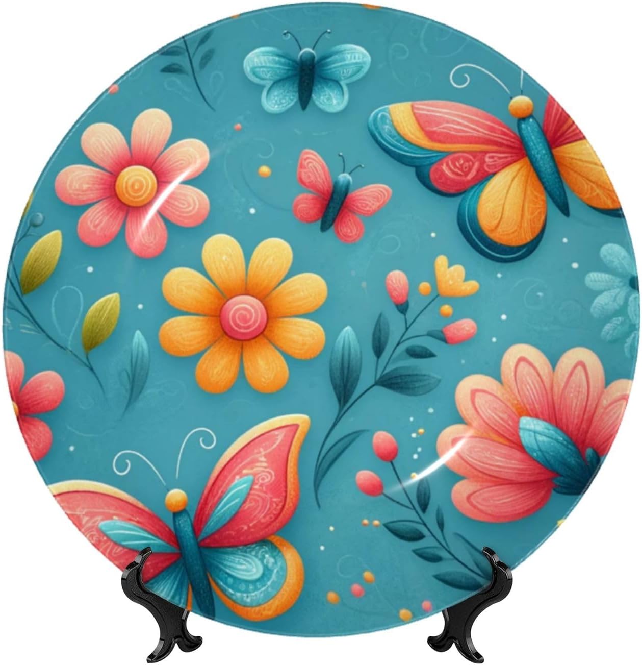 Butterflies-Flowers-Blue 10 Inch Decorative Plate With Stand, Elegant Display Wall Plate For Home Decor