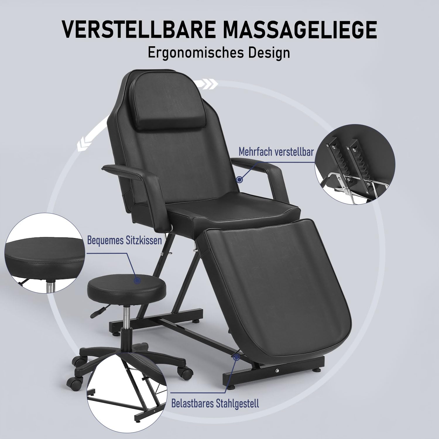 Massage Liege mit Hocker, Verstellbarer Kosmetikstuhl mit hydraulischer Höhenverstellung, Rückenlehne & Beinauflage, Profi Massageliege für Tattoo, Wimpern, Kosmetikstudio, Schwarz