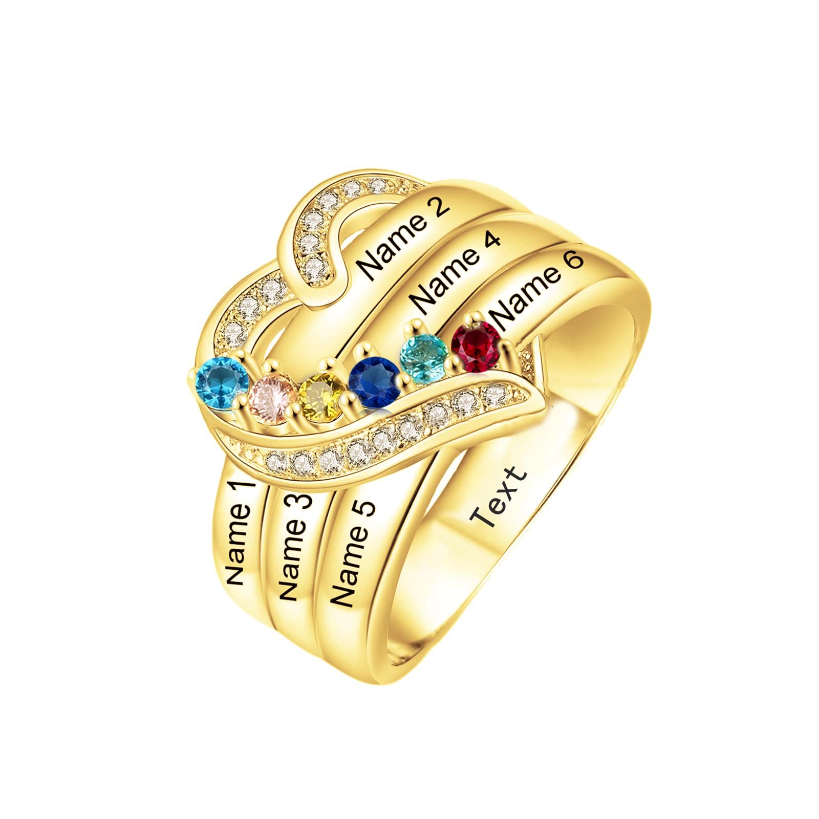 Yafeeso 10k 14k 18k Solid Gold Personalized Multiple Name Ring with 1-8 Birthstones Customized Any Name Ring Real Gold Custom Name Rings For Mom Women
