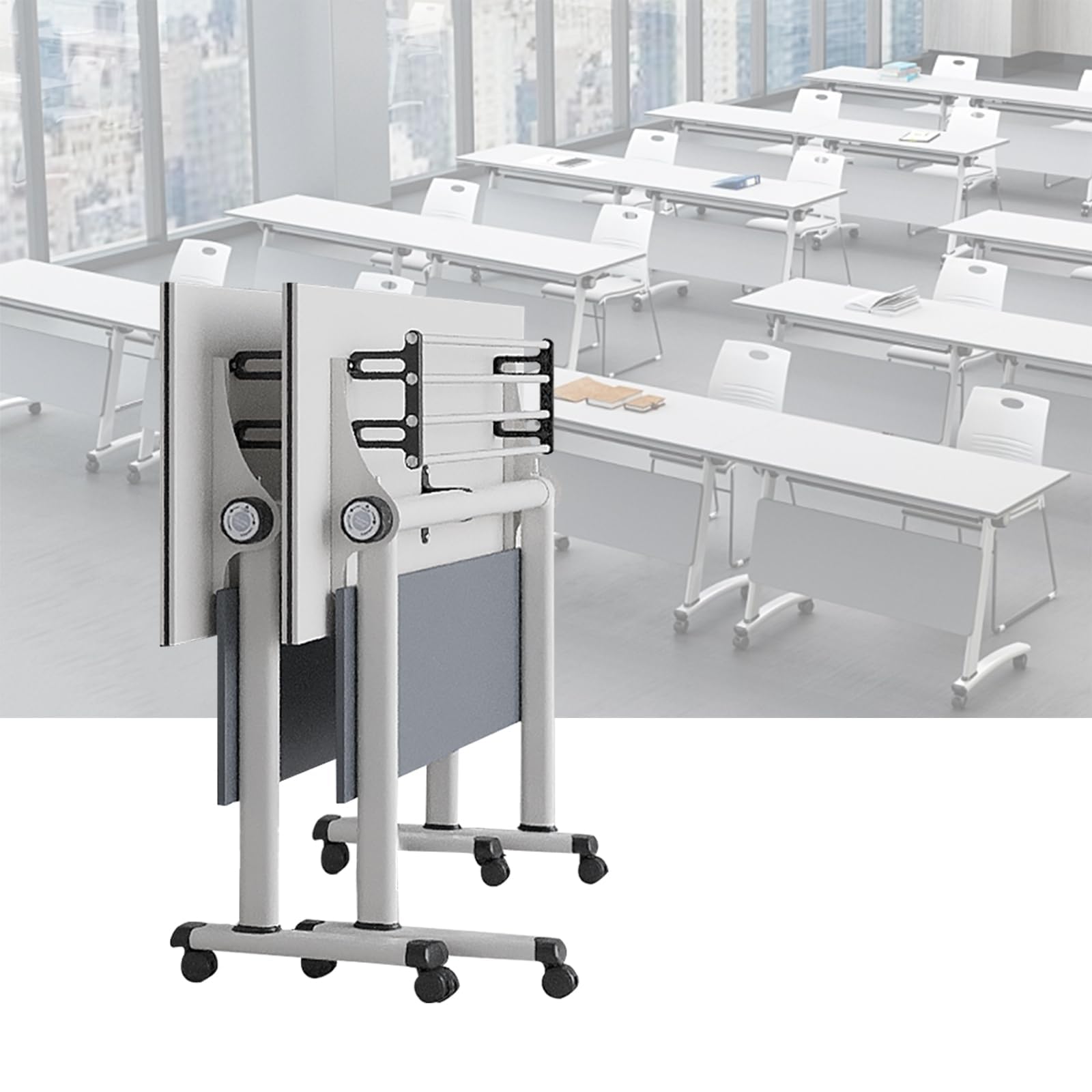 Mobiler Konferenztisch, zusammenklappbar, moderner Konferenztisch mit Klappdeckel für Büro, Seminar, Klassenzimmer, tragbar, Weiß, 2 Stück, Größe 140 x 50 x 75 cm