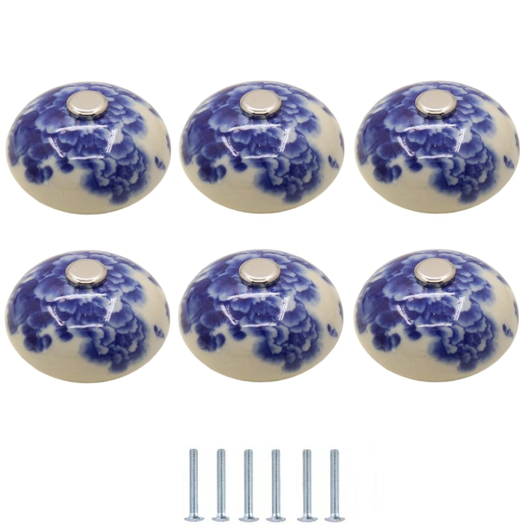 ENmrfvkz Ceramic Cupboard Drawer Handle Knobs, Ceramic Copper Cupboard Drawer Door Knobs 6 Pack Multicolor 40mm(Peony Blue and White Porcelain)