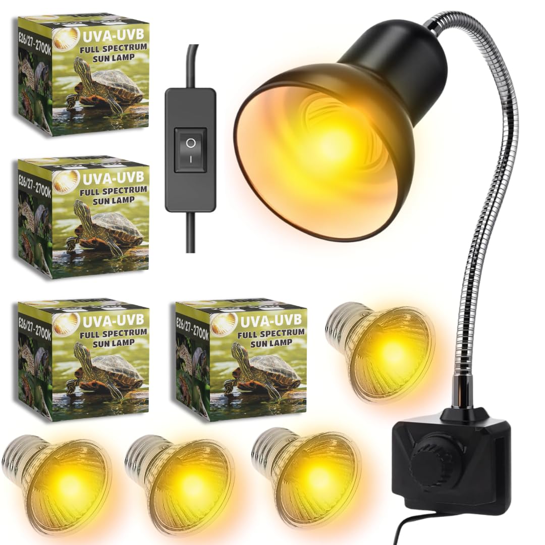 Tonia Kit de 4 Bombillas UVA/UVB + Portalámparas para Reptiles – 2x25W + 2x50W – Luz Solar de Espectro Completo para Terrarios y Acuarios Tortugas, Camaleones – 360º