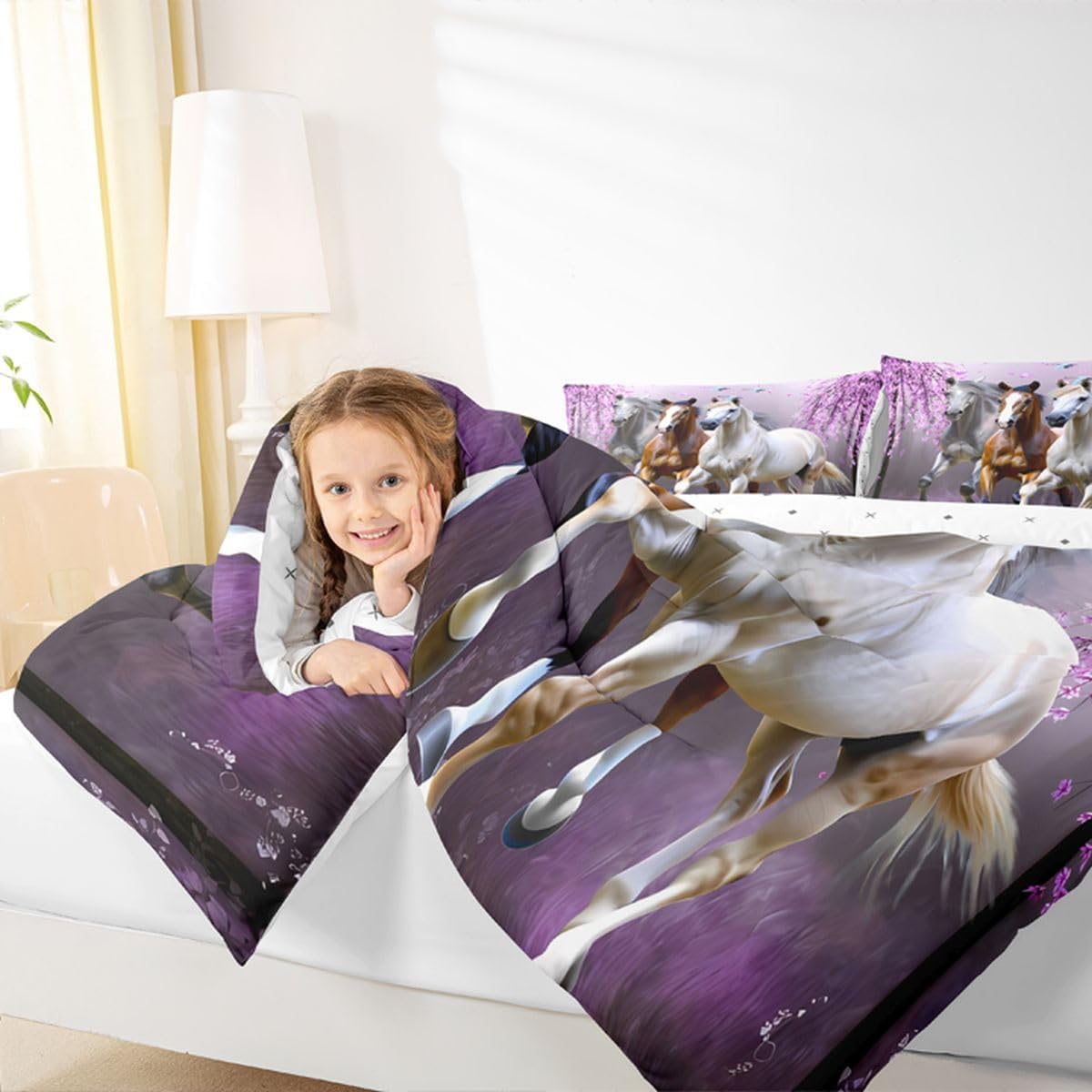 Feelyou Girls Horse Twin Size Comforter Set Cherry Blossom Galloping Horse Bedding Set for Kids Boys Teens Western Duvet Comforter Floral Animal Decor Gifts for Girls Quilt Set Bedroom,Purple - Image 8