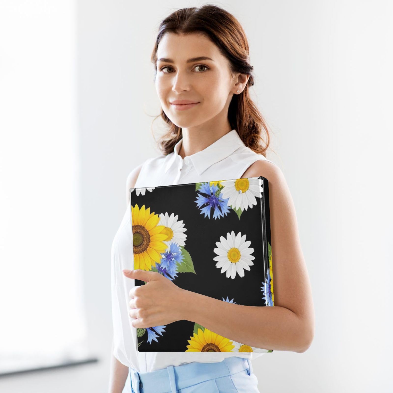 Sunflowers Black 3 Ring Binder 1.5 Inch, Flexible D Ring Binder with Pockets, 3 Ring Binders for School, College, Office, one sizex2