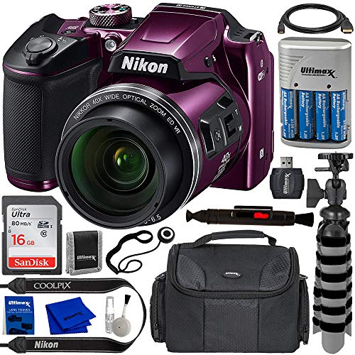 Nikon COOLPIX B500 Digital Camera (Plum) with Essential Accessory Bundle – Includes: SanDisk