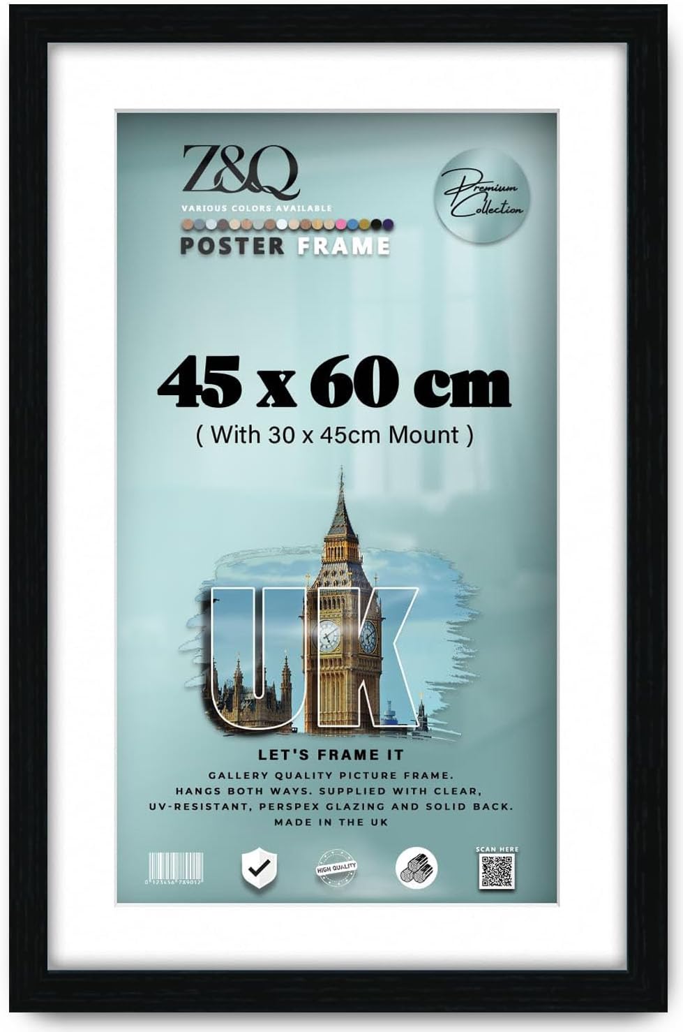 Z&Q Sturdy 45x60 CM Photo Frame With 30x45 CM Mount Wall Mount 24x15MM Molding MDF Fitted Quality Backboard Clear Shatterproof Front (Black)