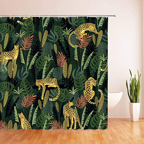 Leopard Leaf Shower Curtain Tropical Jungle Plant Animal Cheetah Jaguar Tiger Green Palm Banana Leaves Monstera Summer Safari Wildlife Rainforest Decor Fabric Bathroom Curtain With Hook #TOP1
