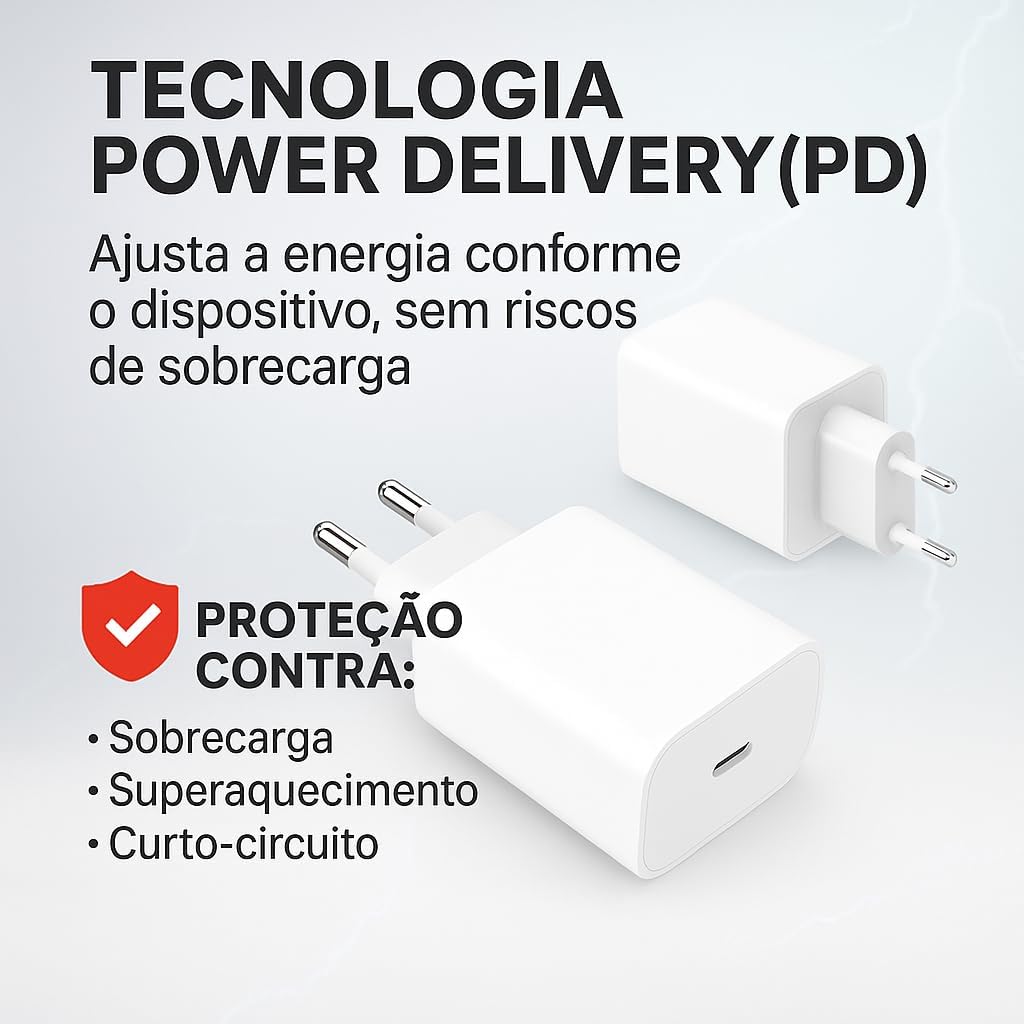 Carregador Premium Super Turbo Rápido USB-C PD com Cabo Tipo C Reforçado 1 Metro | Bivolt Compatível com iPhone 15 16 Pro Max Android Celular Tablet Notebook Entrada USB-C Homologado ANATEL Segurança