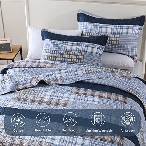 Finlonte Quilt King Size 100% Cotton King Size Quilts Blue Beige White Bedspreads Plaid Quilts Lightweight Soft Breathable Bedding Sets For All Season, 3 Piece #TOP3