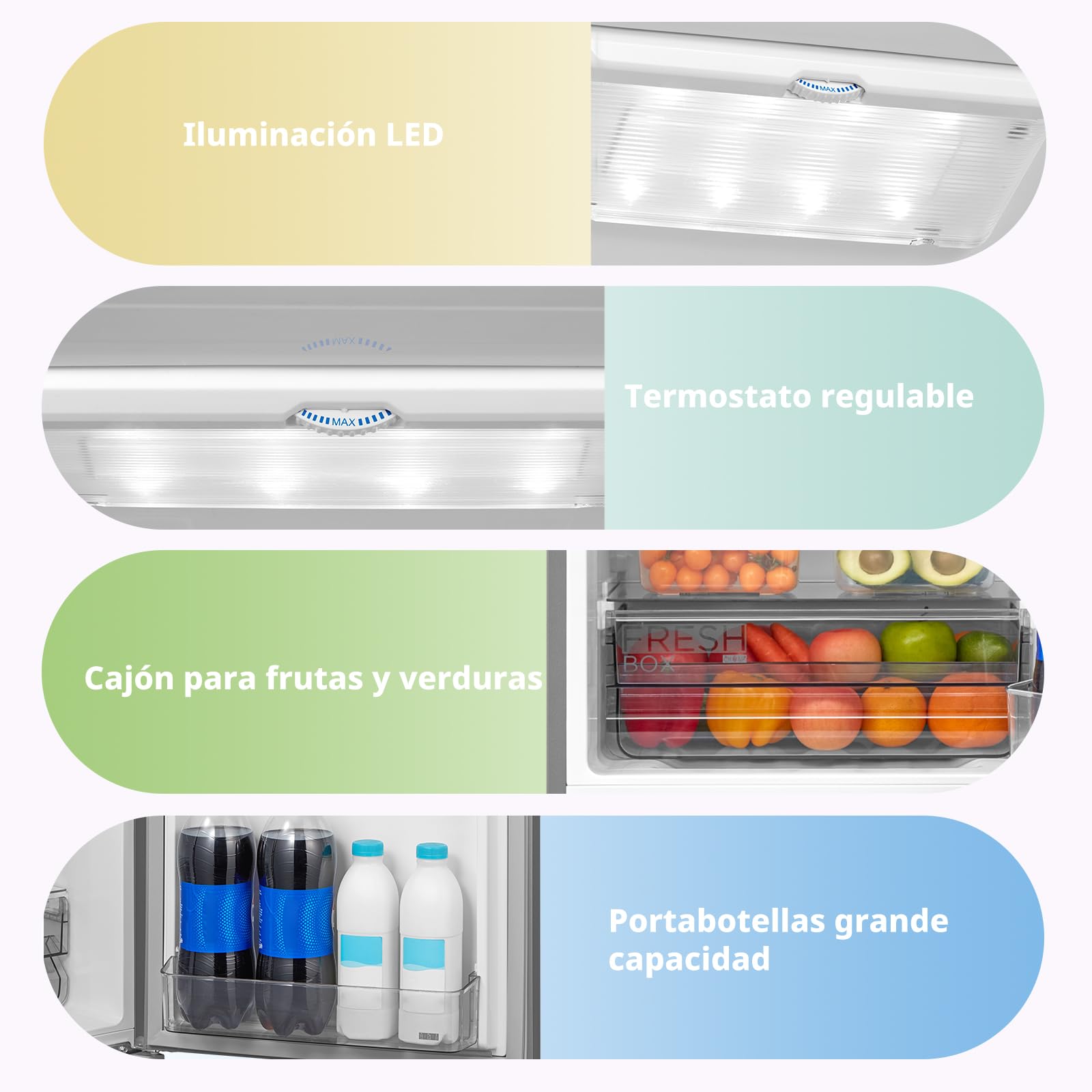 Comfee' RCB268LS2EU(E) Frigorífico Combinado, 262L, Gran Capacidad, Low Frost, Altura 177,3 cm, Bajo nivel de ruido 39 dB, Luz LED, Temperatura Regulable, Acero Inoxidable