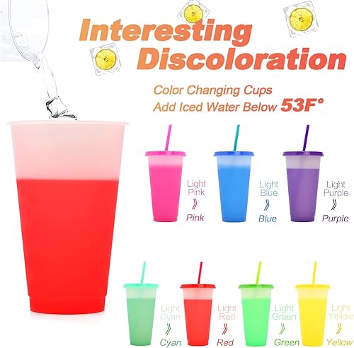 Miniatura 3 de Vasos que cambian de color con tapas y popotes, 7 vasos que cambian de color de 24 onzas, vasos de plástico reutilizables con tapas y pajilla, vaso
