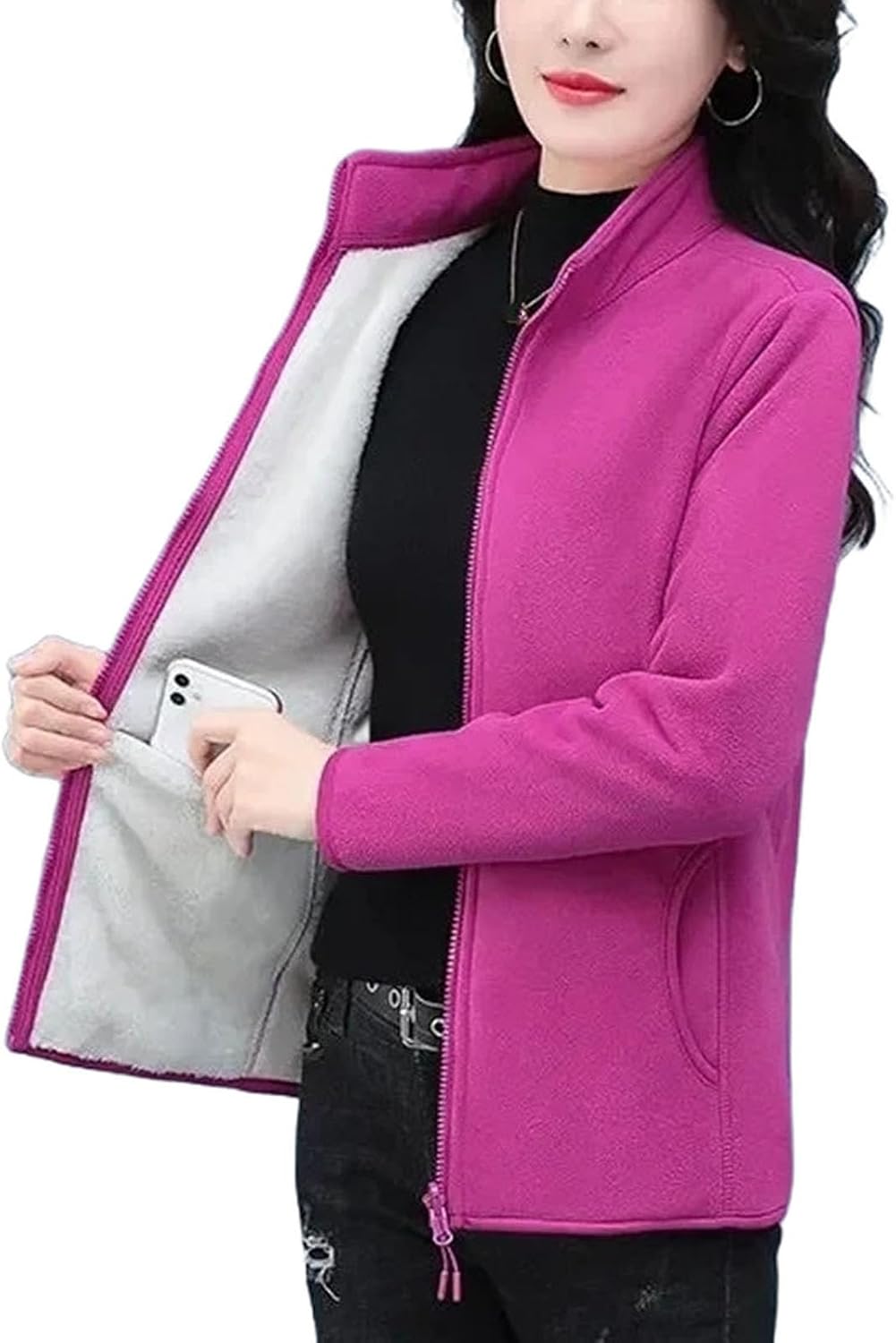 Women's Polar Fleece Jacket Sport Shirt Style with Stand Collar and Velvet Touch