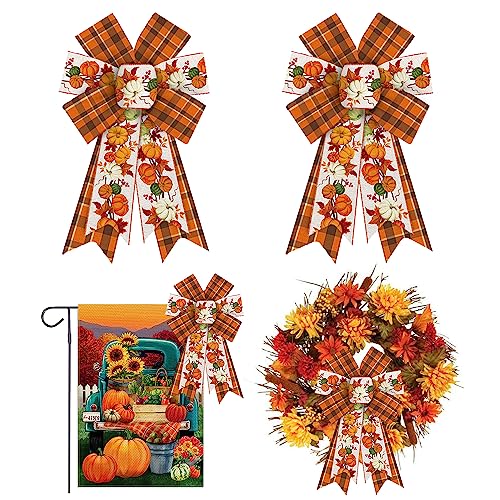 Hying 2PCS Fall Bow for Wreath, Plaid Pumpkin Harvest Wreath Bow for Front Door, Thanksgiving Wreath Bows for Fall Harvest Party Decor Indoor Wall Autumn Thanksgiving Decoration Supplies Ornament