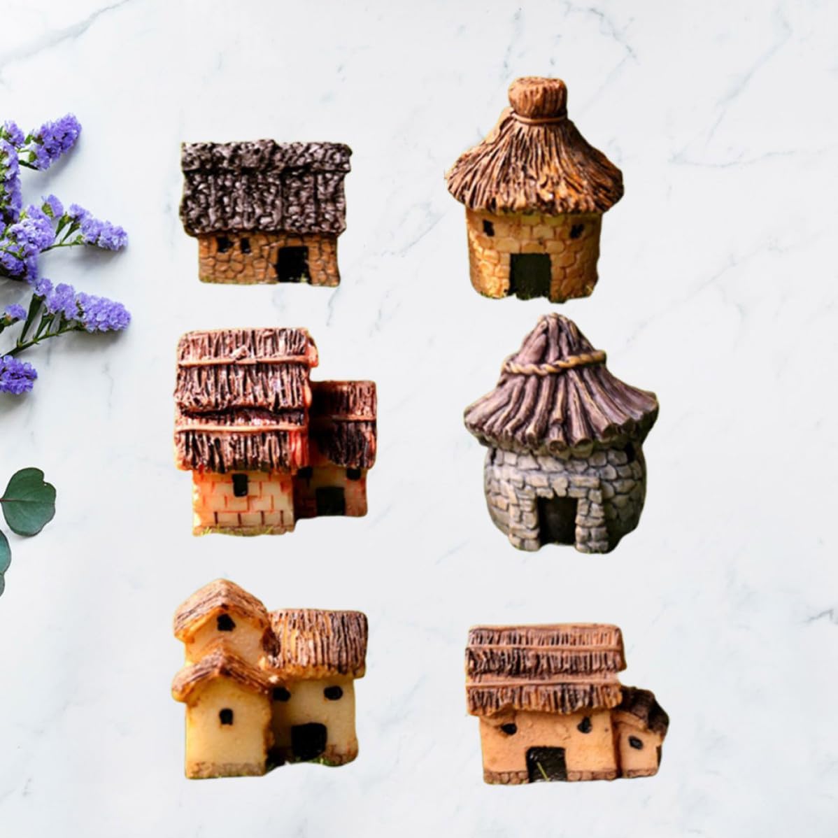 Resin Thatched House Micro Landscape Ornament Pastoral Style 6pcs