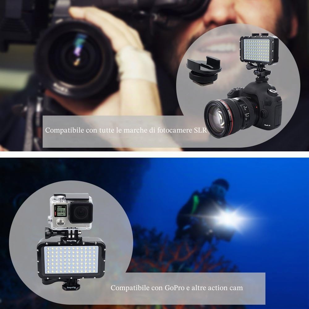 Suptig, Luce subacquea per immersione da 84 LED ad alta potenza, dimmerabile, impermeabile fino a 50 m, per GoPro, Canon, Nikon, Pentax, Panasonic, Sony, Samsung e fotocamere SLR